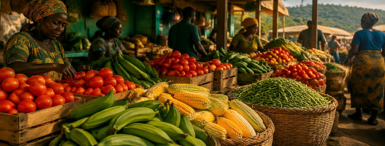 Étals de tomates, maïs, plantains et haricots sur un marché de gros camerounais
