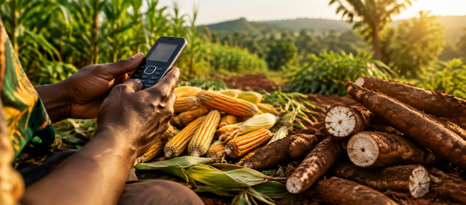 Mains tenant un téléphone simple au-dessus d'une récolte de maïs et de manioc