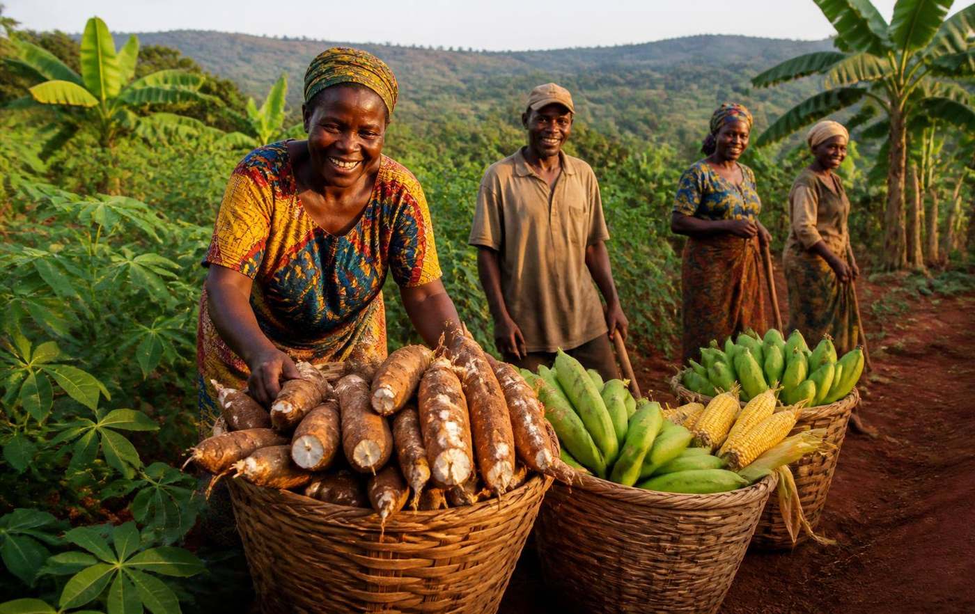 Productrices et producteurs camerounais avec des paniers de manioc, plantains et maïs